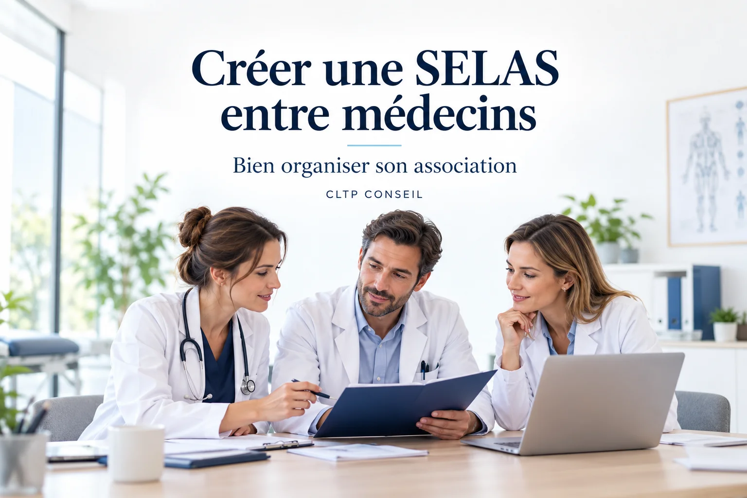 Trois médecins organisent leur projet d’association en SELAS autour d’une table