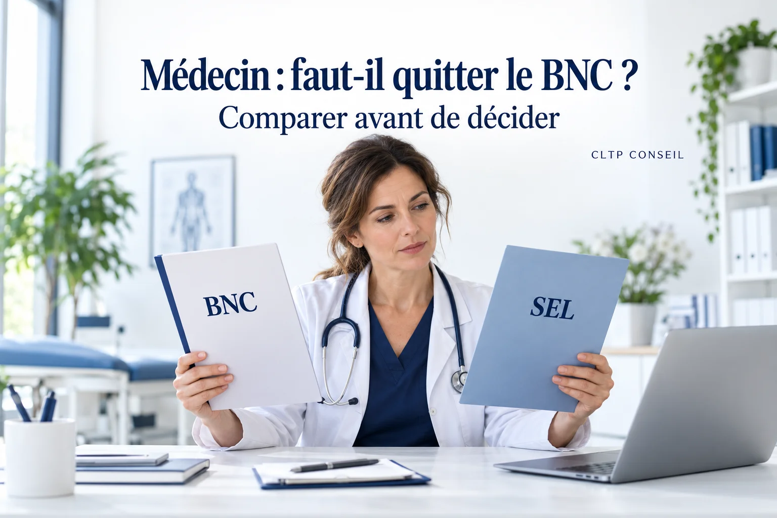 Médecin comparant deux dossiers BNC et SEL pour choisir son mode d’exercice
