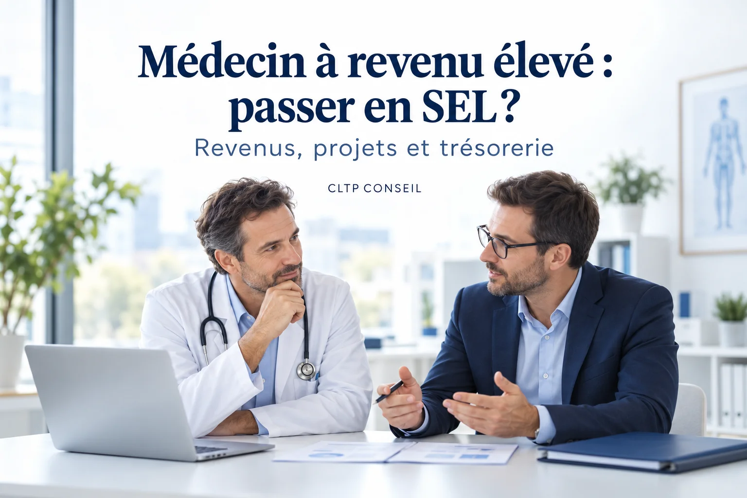Médecin échangeant avec un conseiller sur l’intérêt de passer en SEL selon ses revenus et ses projets.