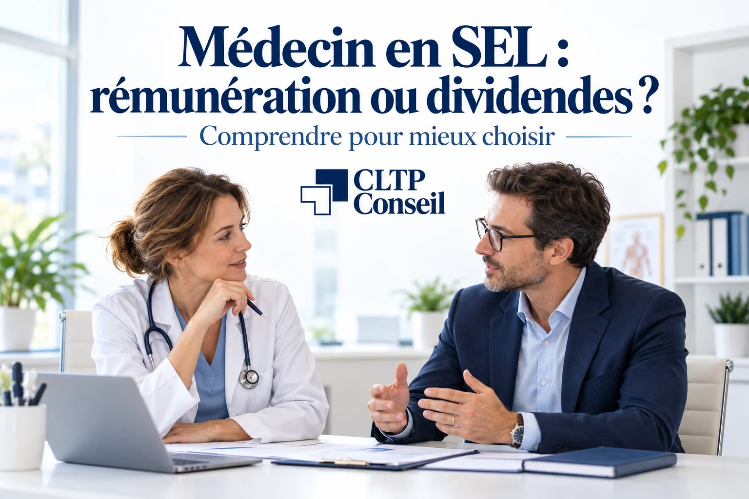 Médecin échangeant avec un expert-comptable sur sa rémunération et ses dividendes en SEL.