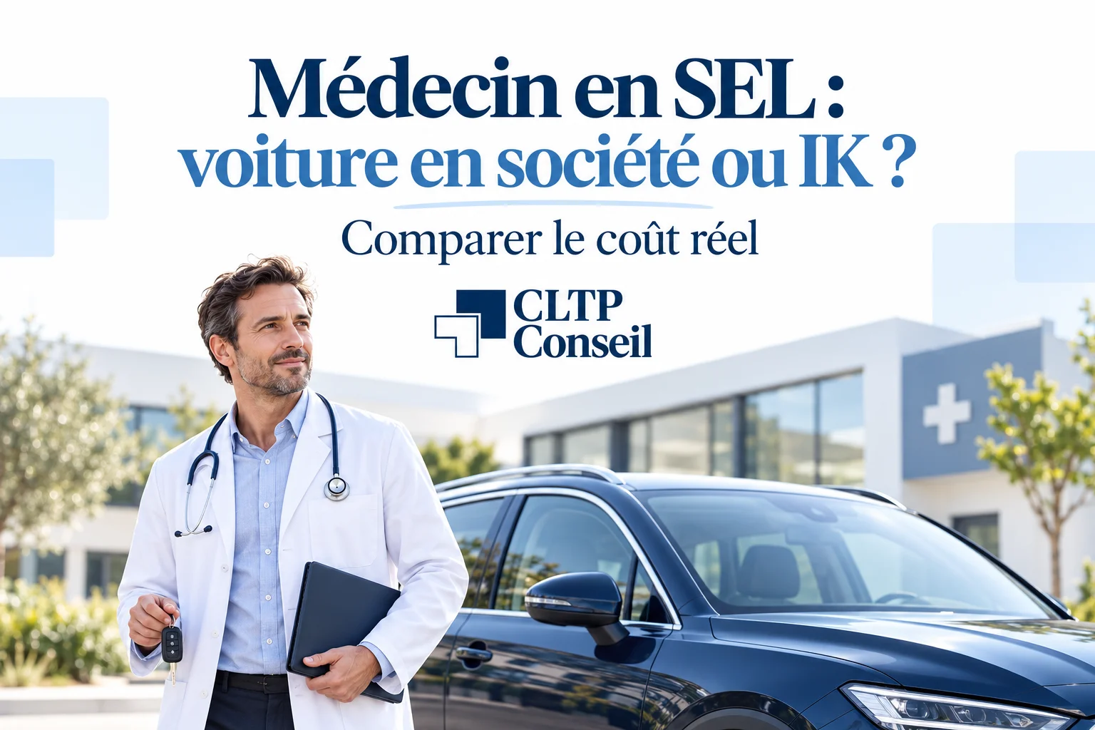 Médecin près d’une voiture, illustrant le choix entre véhicule de société et indemnités kilométriques en SEL.