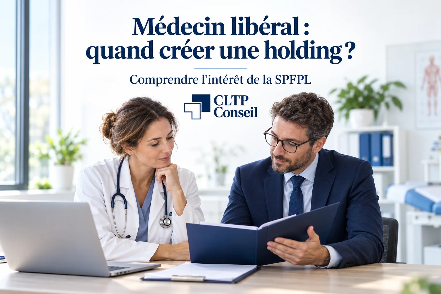 Médecin échangeant avec un conseiller sur la création d’une holding SPFPL