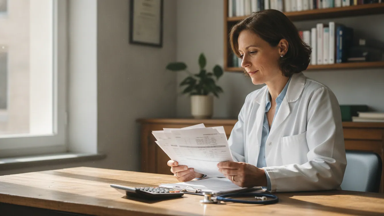 Médecin libéral examinant ses relevés de cotisations retraite à son bureau avec une calculatrice