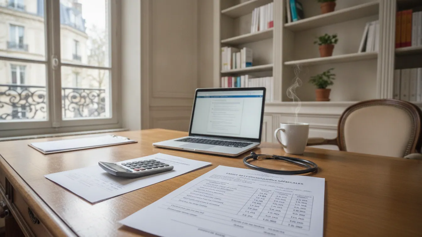 Bureau de cabinet médical avec documents tarifaires, calculatrice et stéthoscope posés sur la table
