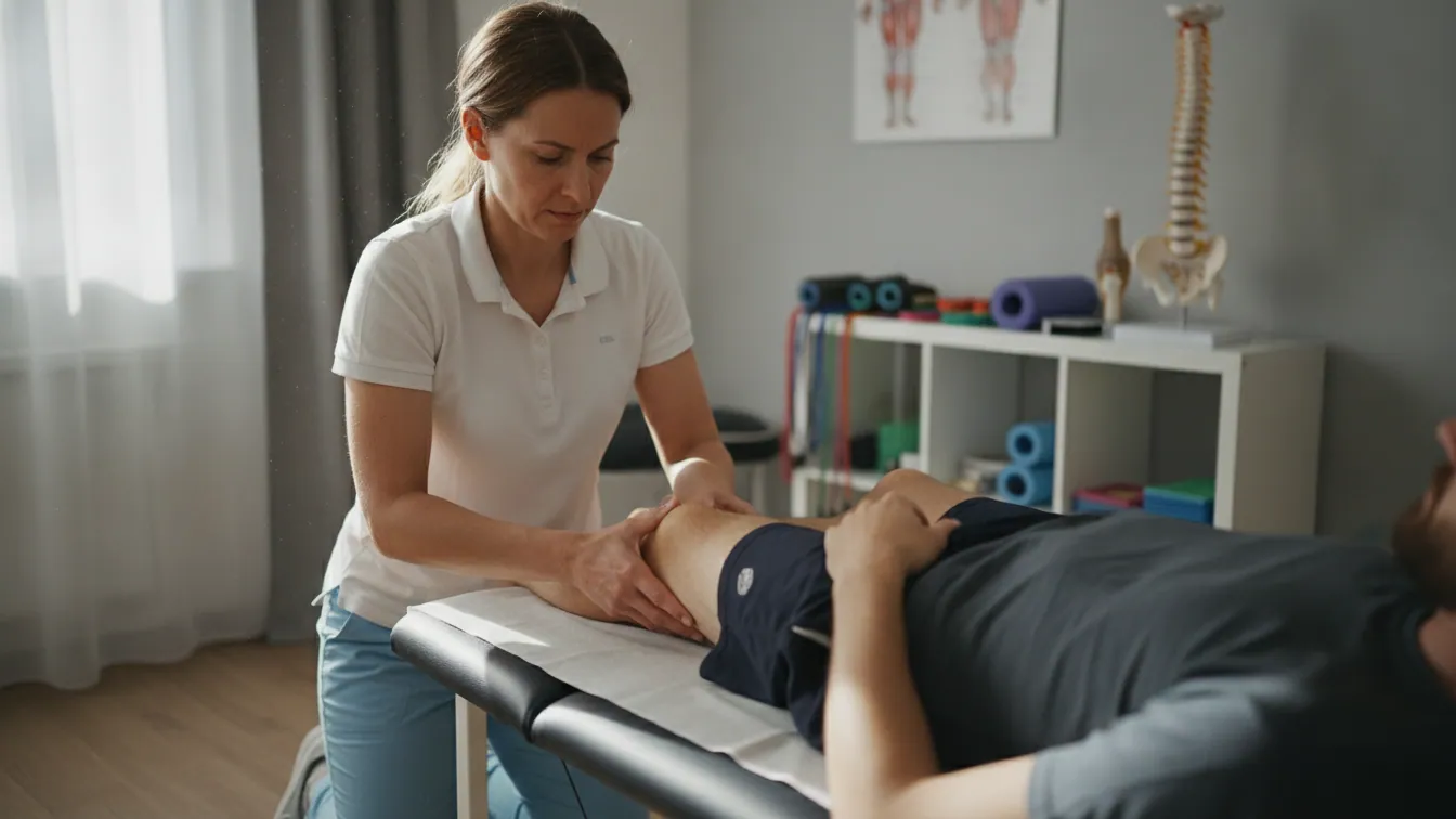 Kinésithérapeute remplaçant mobilisant le genou d'un patient allongé sur une table de soins